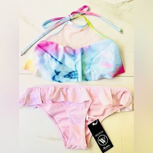 NWT Wildfox pastel pink rainbow, ruffle mesh, starry bikini set